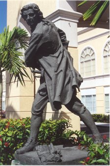 Statue of Woodes Rogers on the grounds of the Hilton/British Colonial Hotel (originally  the site of Fort Nassau. Photo by Daniel  O'Connell.